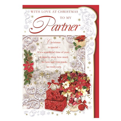 To My Partner Poinsettias and Gifts Design Christmas Card