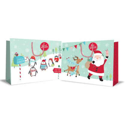 Pack of 12 Jumbo Landscape Christmas Bag Cute Pastel Santa and Reindeer