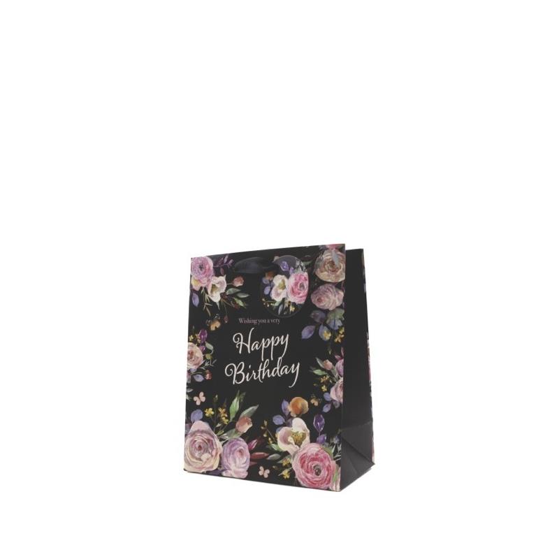 Pack of 12 Black Floral Design Medium Birthday Gift Bags