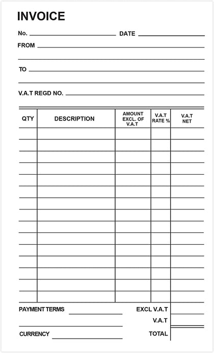 Carbonless Duplicate Multiple VAT Invoice Book 8.25