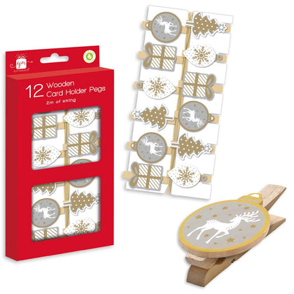 Pack of 12 Christmas Contemporary Design Wooden Card Holder Pegs