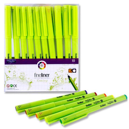 Pack of 10 Assorted Colour Roundgrip Fineliner Pens by Pro:Scribe