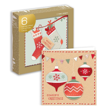 Pack of 6 Handcrafted Christmas Cards Stocking & Bauble Foiled Design