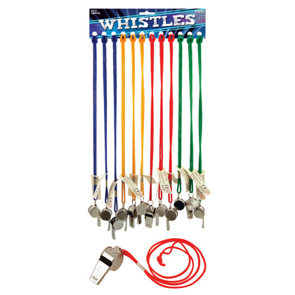Pack Of 12 Metal Whistle 5.5cm with Assorted Colours Strings