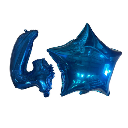 Blue Number 4 and Blue Star Foil Balloons with Ribbon and Straw for Inflating