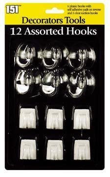 12 Assorted Hooks - 6 Suction Hooks 6 Self Adhesive Plastic Hooks