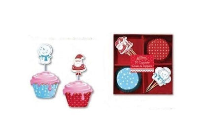 30 Christmas Cupcake Cases & Toppers - Snowman And Santa Claus Design