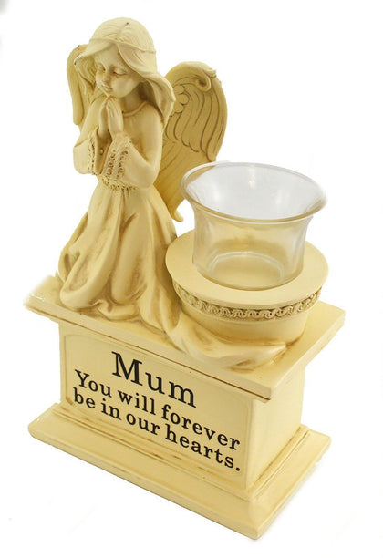 Large Angel Cherub Praying Kneeling Resin Figurine with Glass T Lite Holder- White Heavy Stone Finish 