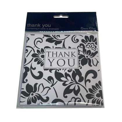 Pack of 6 Black and White Floral Thank You Cards with Envelopes