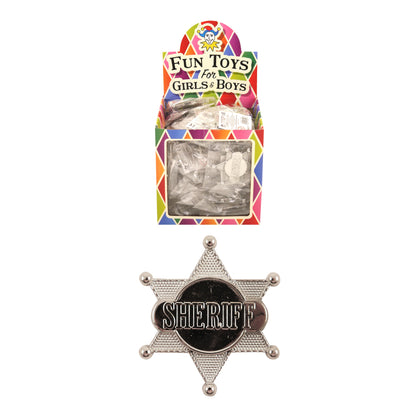 Box of 48 Silver Sheriff Badges (6.4cm x 5.5cm)