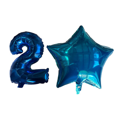 Blue Number 2 and Blue Star Foil Balloons with Ribbon and Straw for Inflating