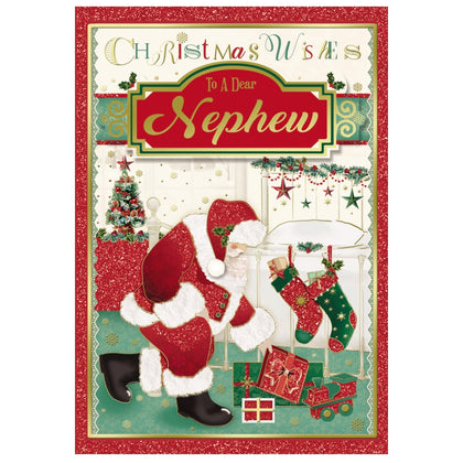 To a Dear Nephew Glitter Finished Santa Design Christmas Card