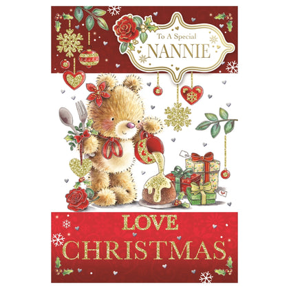 To a Special Nannie Teddy Pouring Frosting On Cake Design Christmas Card