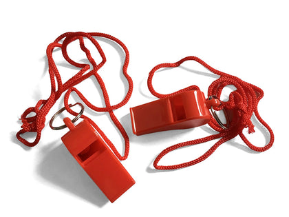 Pack of 15 Red Plastic Whistles with Lanyard Neck Cord