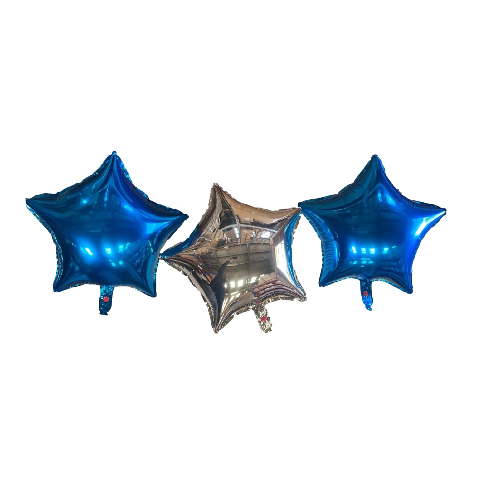 Two Blue and a Silver Star Foil Balloons With Ribbon and Straw for Inflating