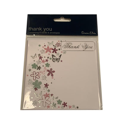 Pack of 6 Butterfly and Floral Design Thank You Cards with Envelopes