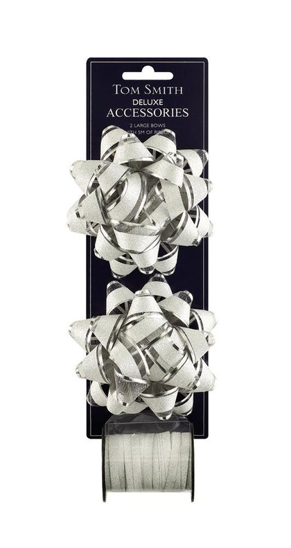 Deluxe Silver Double Bow Christmas Decoration