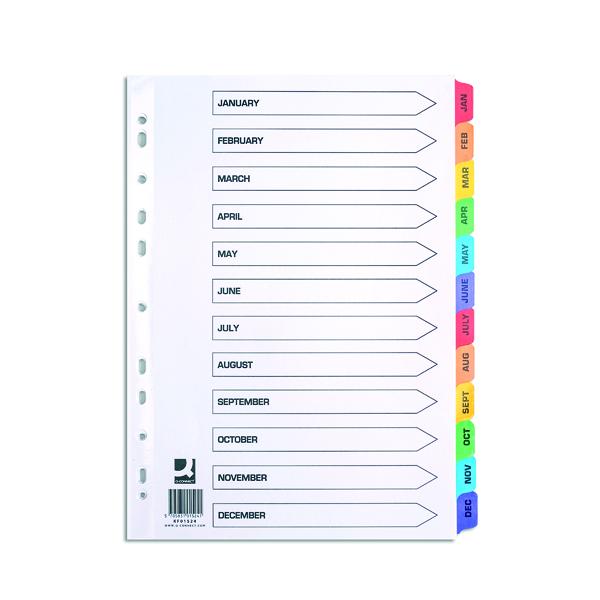 A4 Pre-Printed Tabs Multi Punched January to December Reinforced Multi-Colour Index