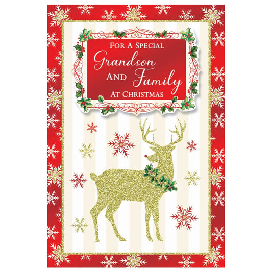 For a Special Grandson and Family Golden Reindeer Festive Design Christmas Card
