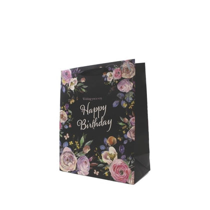Pack of 12 Black Floral Design Large Birthday Gift Bags