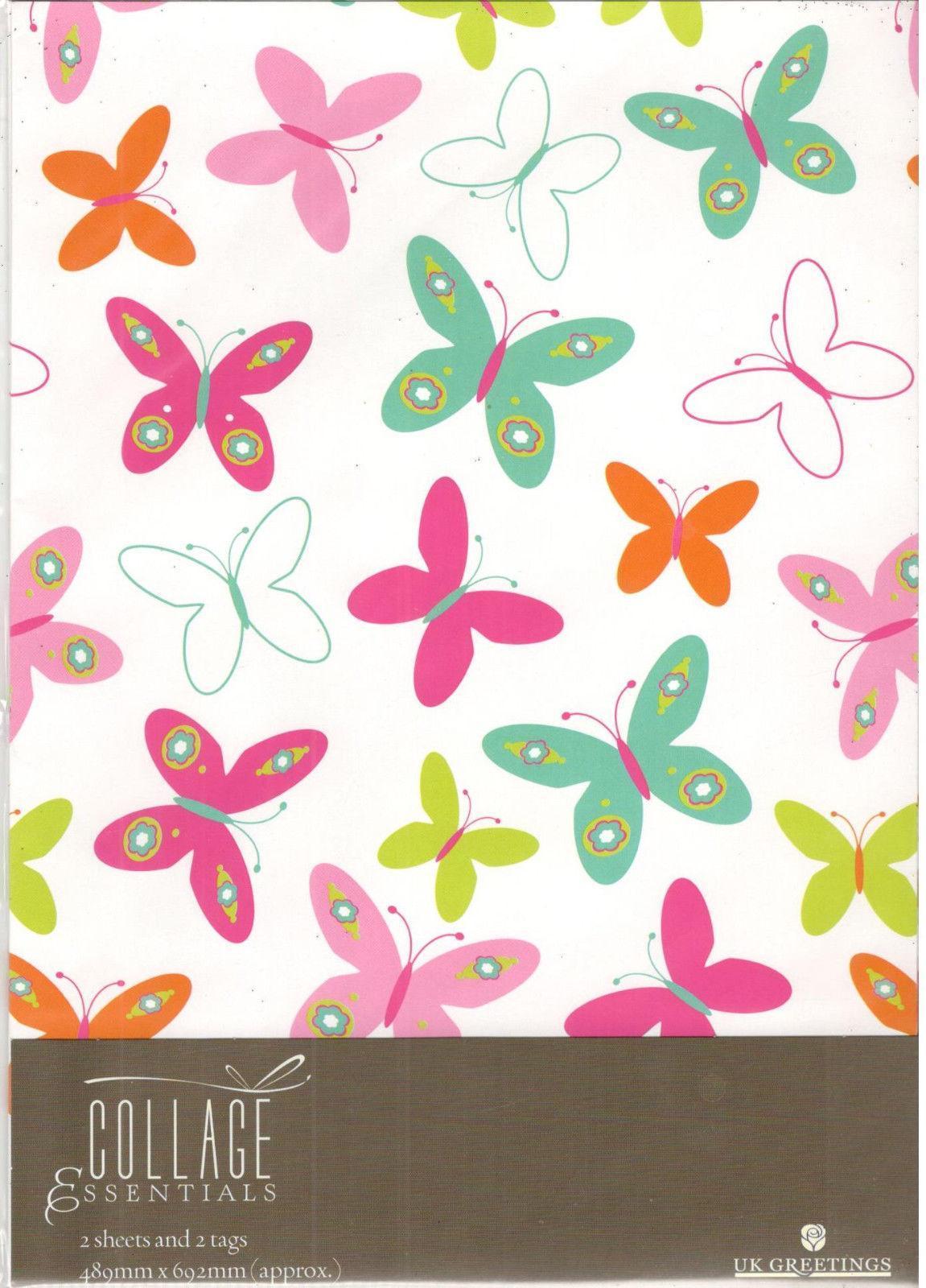 UK Greetings ' Pretty Butterfly ' Wrapping Paper Set - 2 X Sheets Gift Wrap & 2 X Tags - New