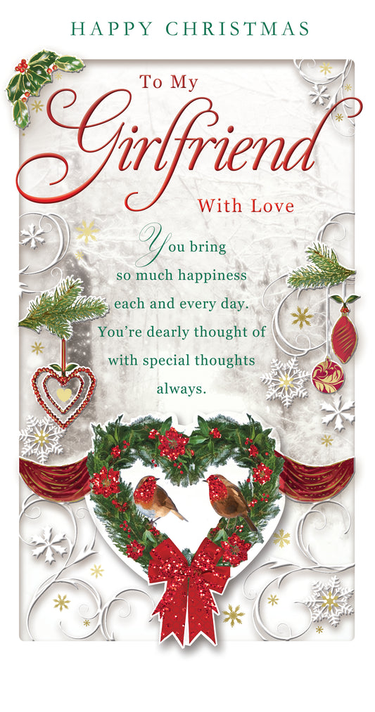 With Love To My Girlfriend Heart Design Wreath Red Glitter Finished Christmas Card