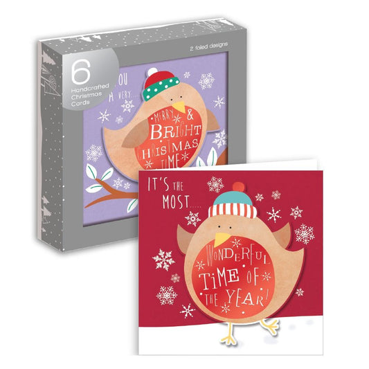Pack of 6 Robin Foiled Design Hand crafted Christmas Cards