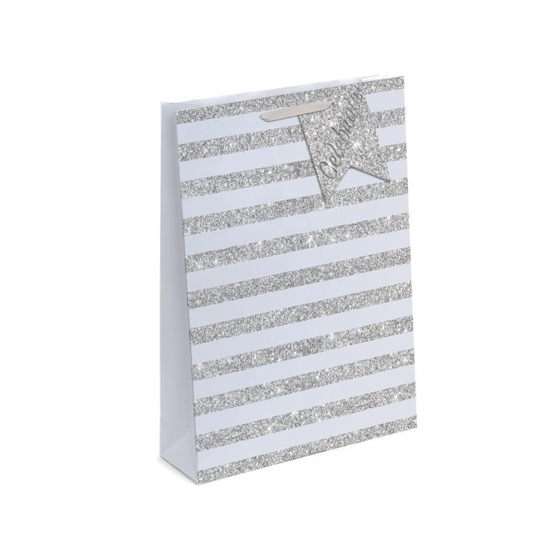 Celebrate Silver Stripe Glitter Design Extra Large Gift Bag