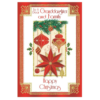 To a Dear Granddaughter and Family Baubles and Star Design Christmas Card