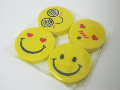 Pack of 4 Assorted Design Eraser Smiley 25mm Novelty Stationery