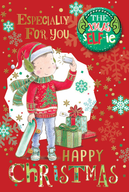 Especially For You Selfie Design Male Open Christmas Card with Badge