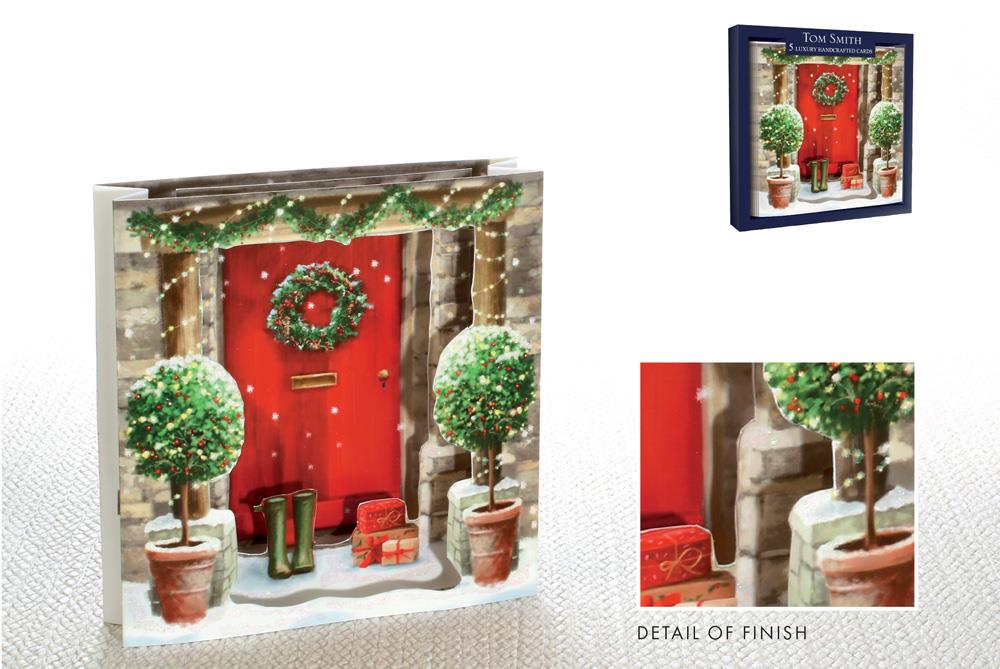 Pack of 5 Handcrafted Front Door with Wreath Design Christmas Greeting ...