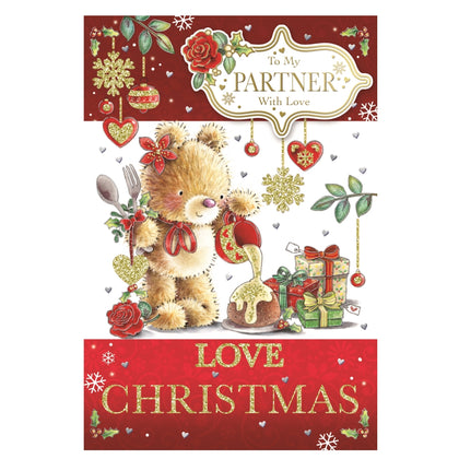 To My Partner Teddy Pouring Frosting On Cake Design Christmas Card