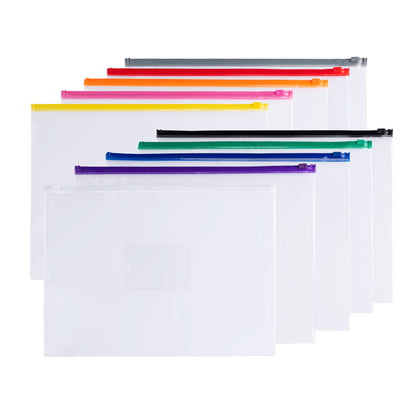 Pack of 12 A4+ Foolscap Clear Zippy Bags with White Zip