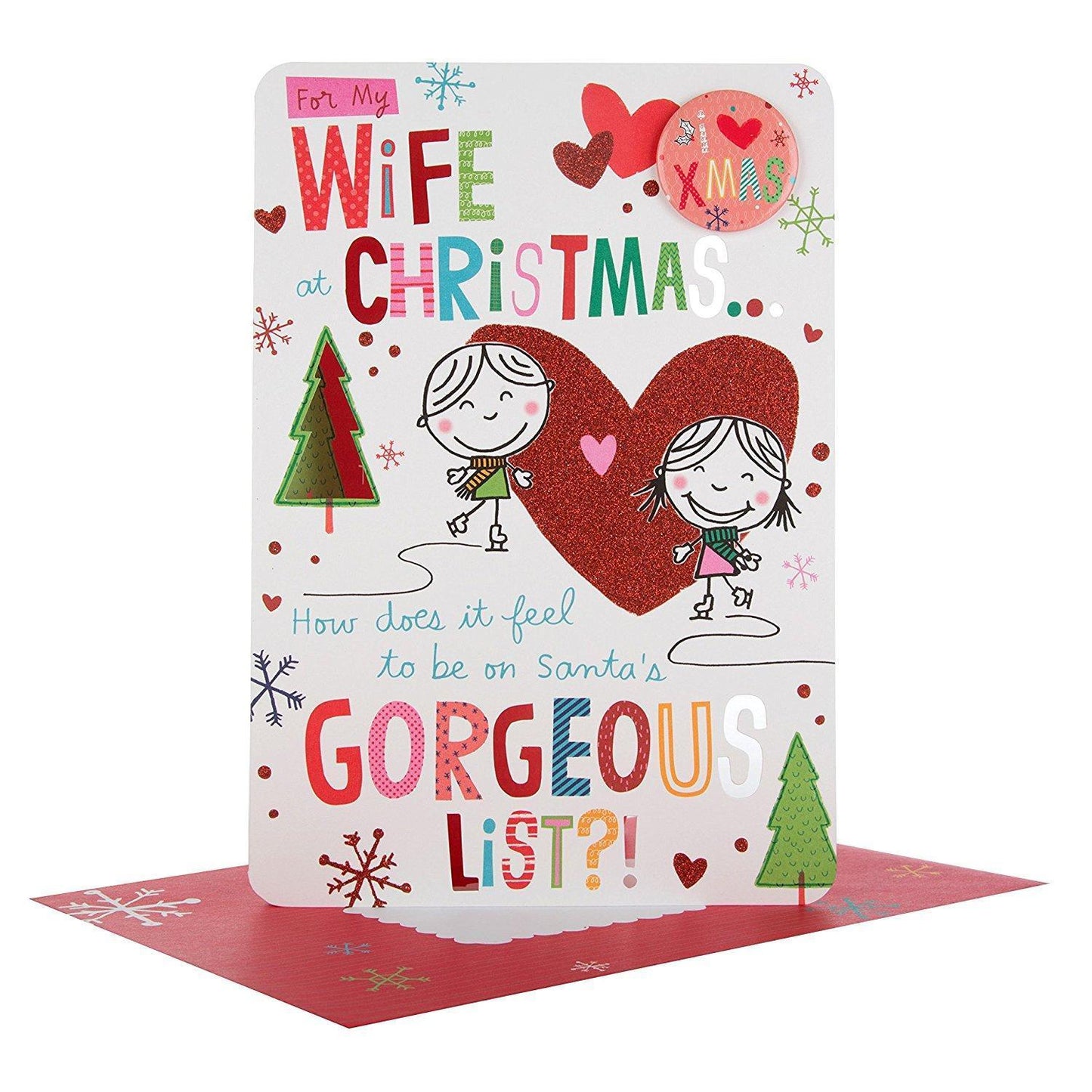 Wife "I Heart Xmas Badge" Humour Cute Christmas Card Large
