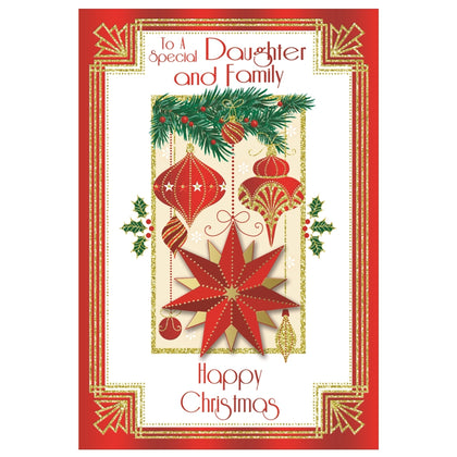 To a Special Daughter and Family Baubles and Star Design Christmas Card