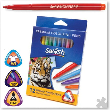 Pack of 12 Swash KOMFIGRIP Broad Tip Assorted Colouring Pens