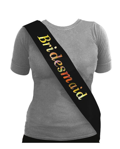 Bridesmaid Hen Party Sash Black with Holographic Text