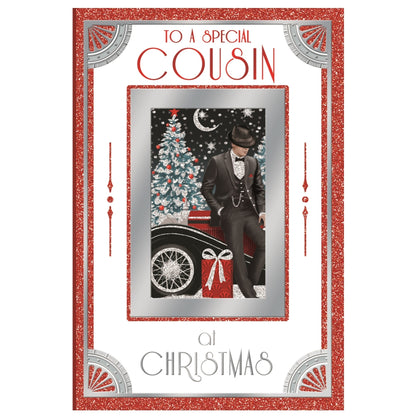 To a Special Cousin Man With Gift Photo Frame Design Christmas Card