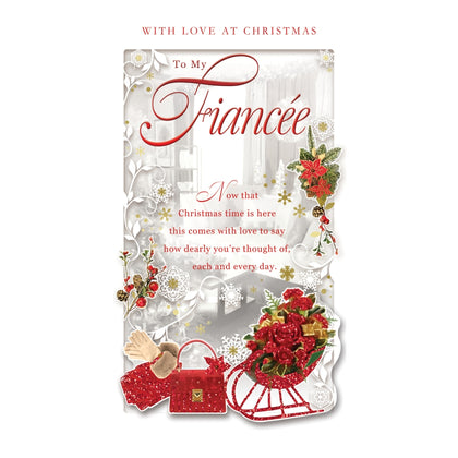 To My Fiancee Red Glitter Finished Bunch of Flowers Design Christmas Card