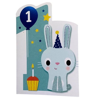 Age 1 Cute Bunny Die Cut Design Boy First Birthday Card