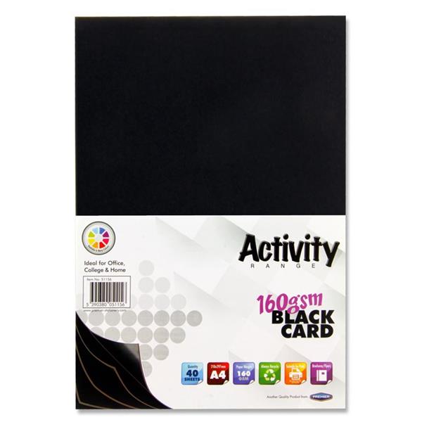 Pack of 40 Sheets A4 Black 160gsm Card by Premier Activity