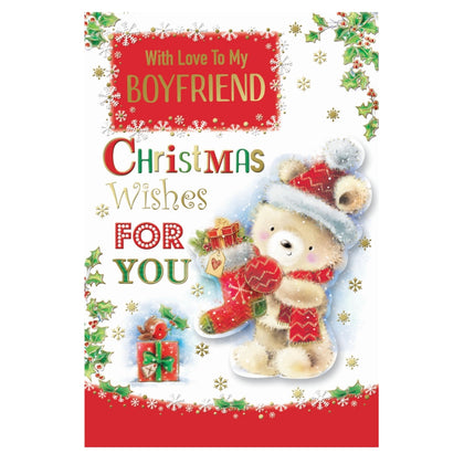 With Love To My Boyfriend Teddy With Stocking Design Christmas Card
