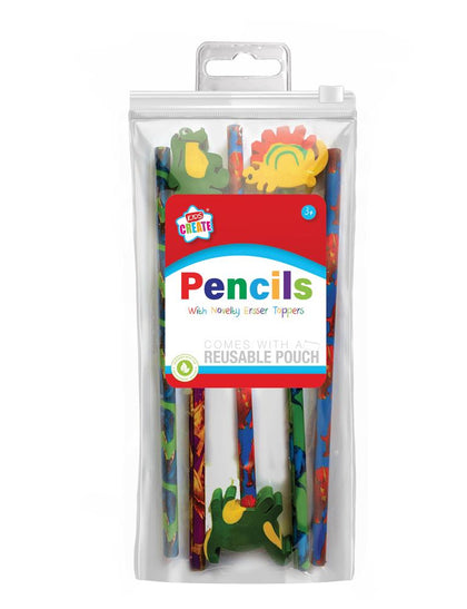 Pack of 5 Dino Pencils with 3 Novelty Eraser Toppers