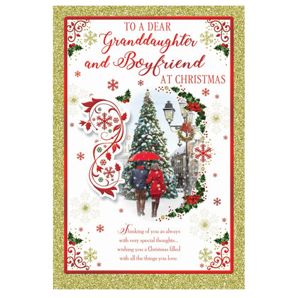 To a Dear Granddaughter and Boyfriend Best Wishes Classic Design Christmas Card