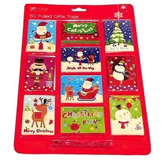 Pack Of 50 Foiled Christmas Gift Tags with Red Metallic Thread