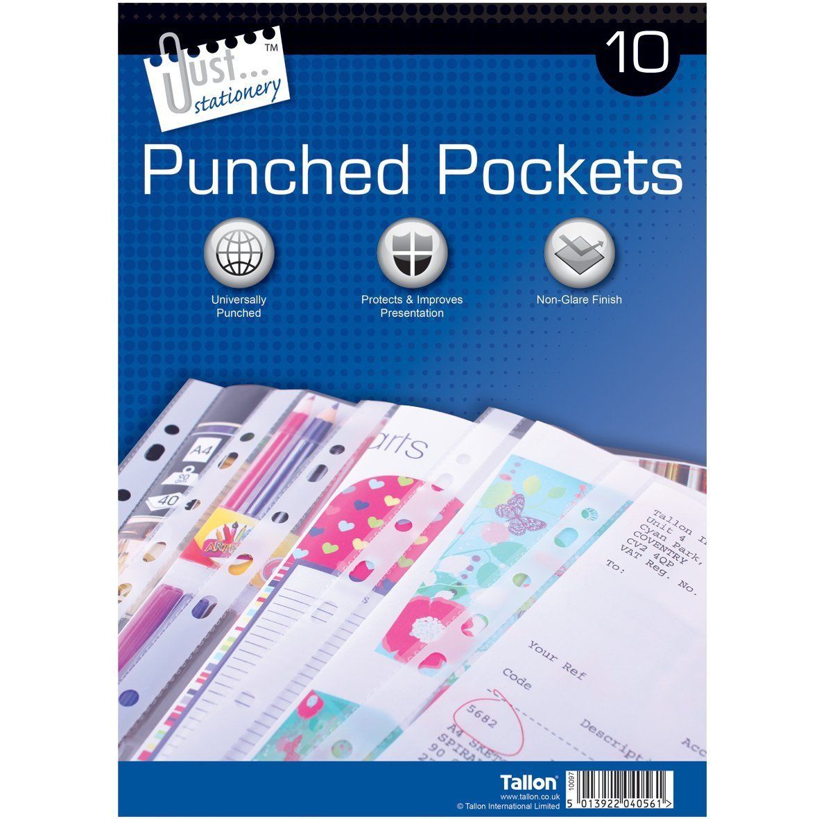 Just Stationery 10 Clear Plastic Punched Pockets