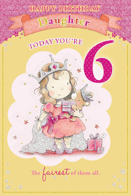 Princess Holding Gift & Bear Daughter 6th Candy Club Birthday Card