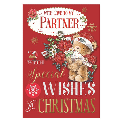 With Love To My Partner Bear Carring Flower Bouquet Design Christmas Card