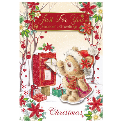Just For You Teddy At Mail Box Design Open Christmas Card